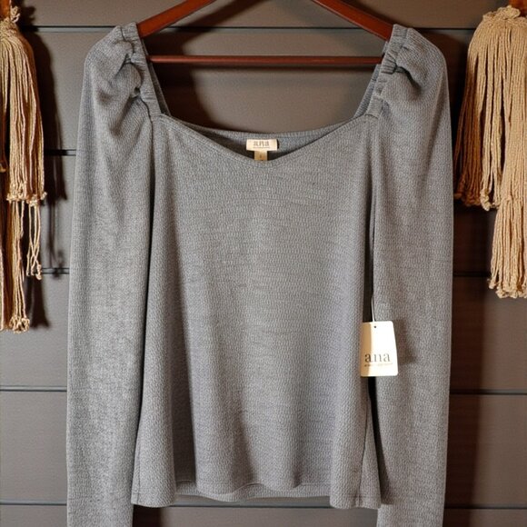 NWT a.n.a. Square Neck Ribbed Knit Top–Heather Gray Soft Romantic Long Sleeve L - Picture 1 of 11
